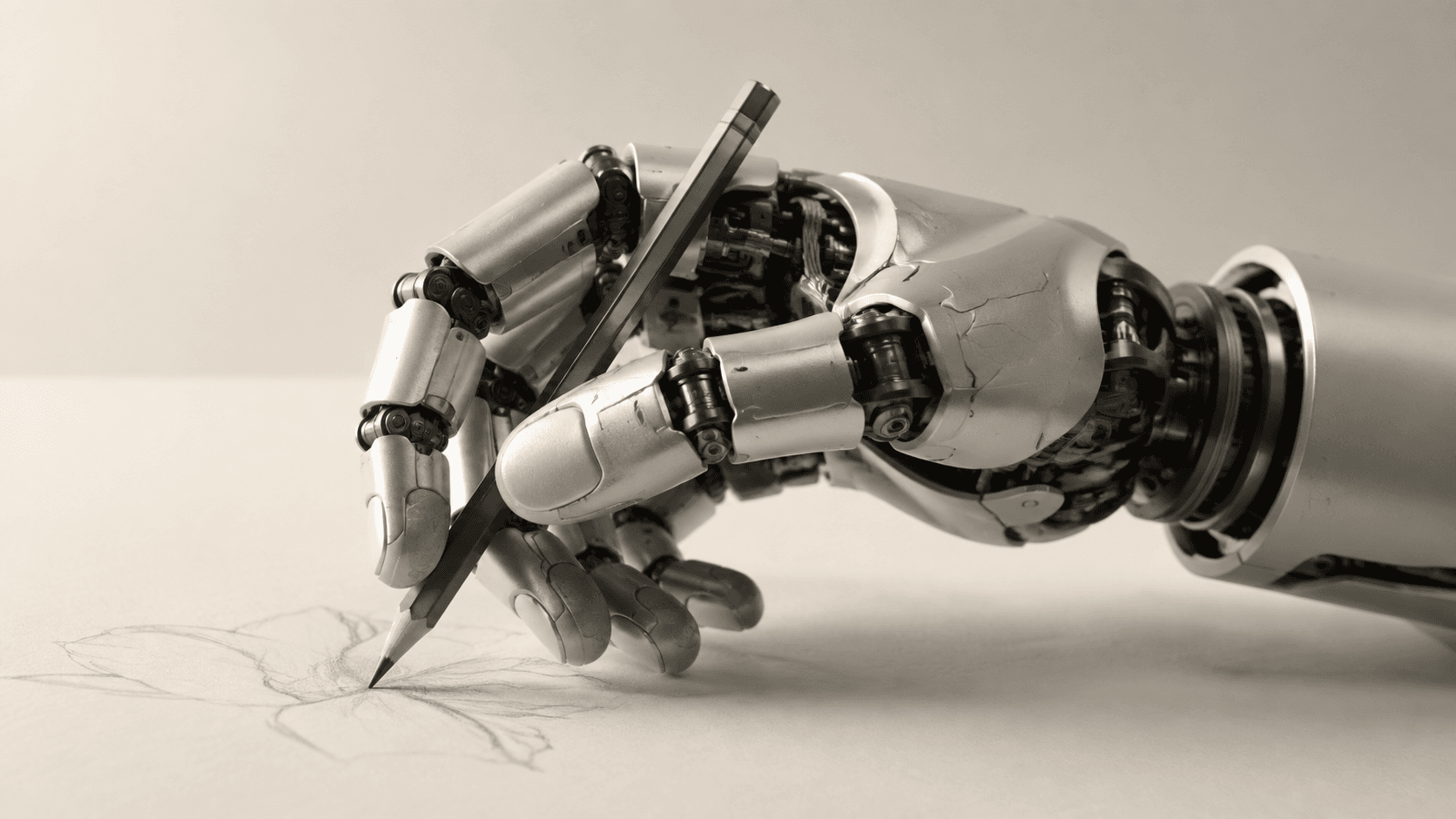 Editorial illustration of a dexterous robotic hand drawing with a pencil