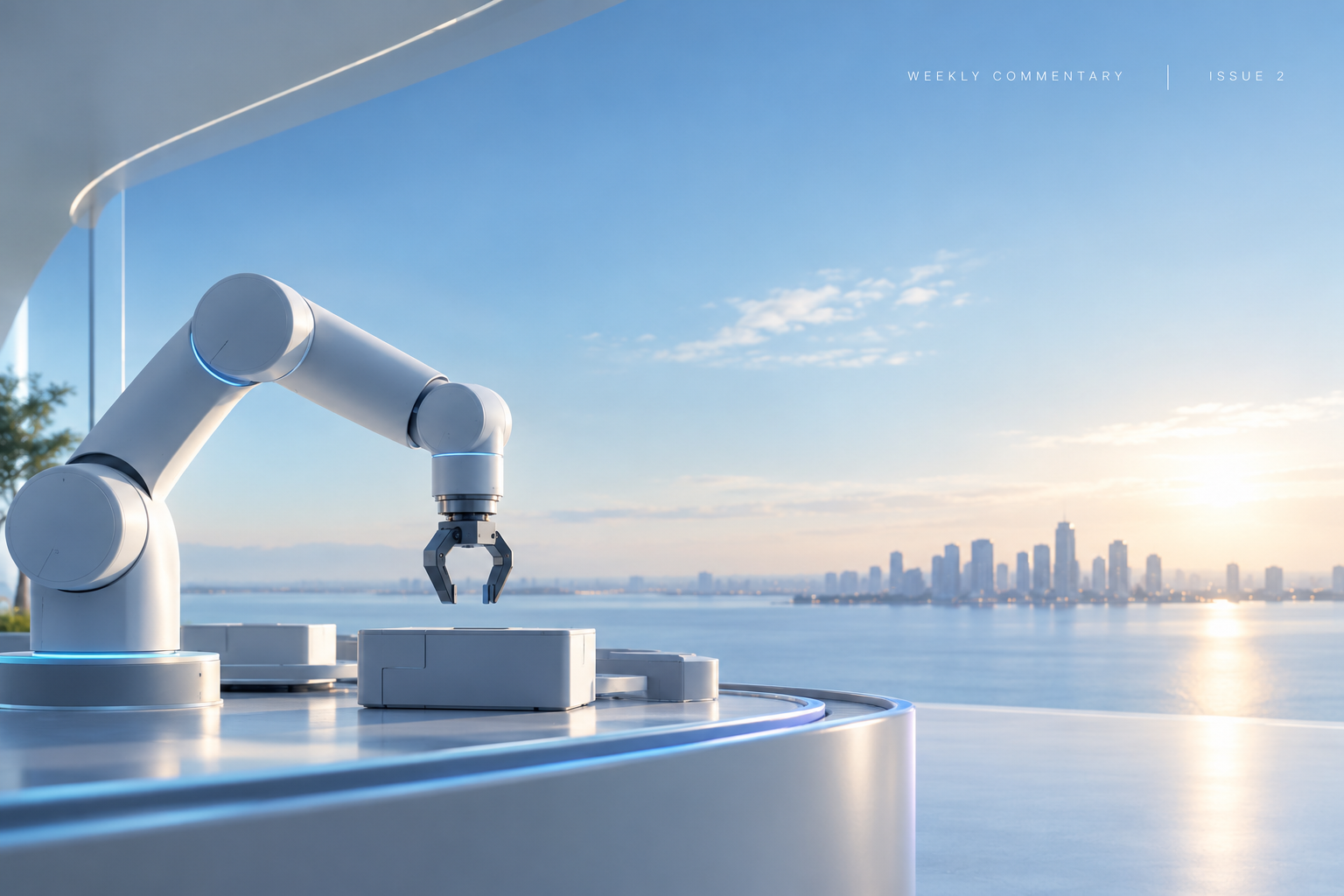 Editorial illustration of a robotic arm beside a sunlit waterfront, labeled Weekly Commentary Issue 2.