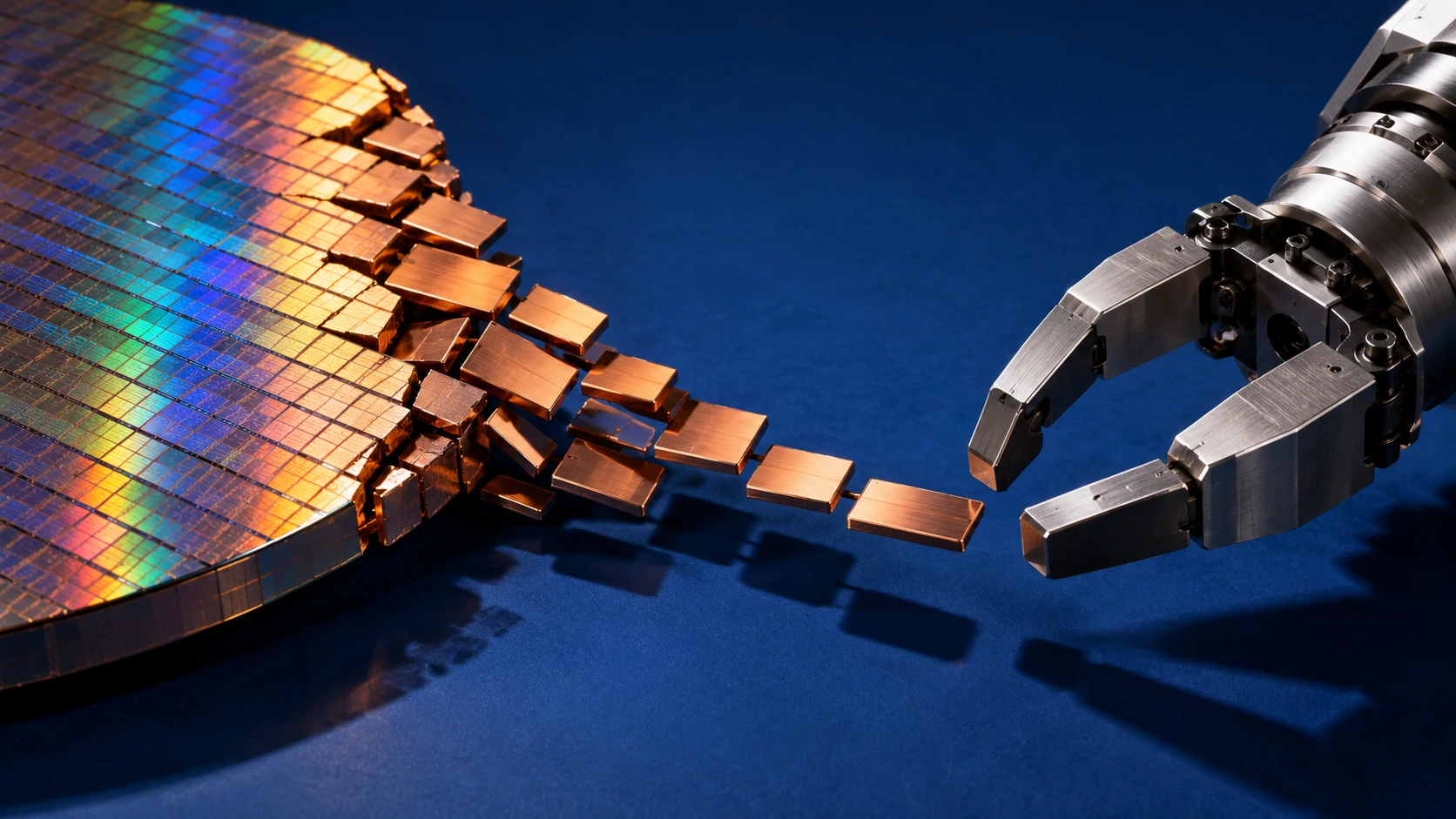 Editorial illustration of a silicon wafer breaking into copper chip tiles, separated by a small gap from a reaching steel robot gripper.