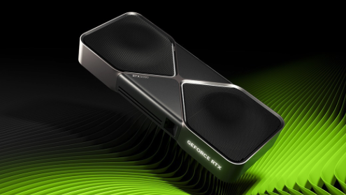 NVIDIA GeForce RTX 5090 graphics card over a green wave pattern