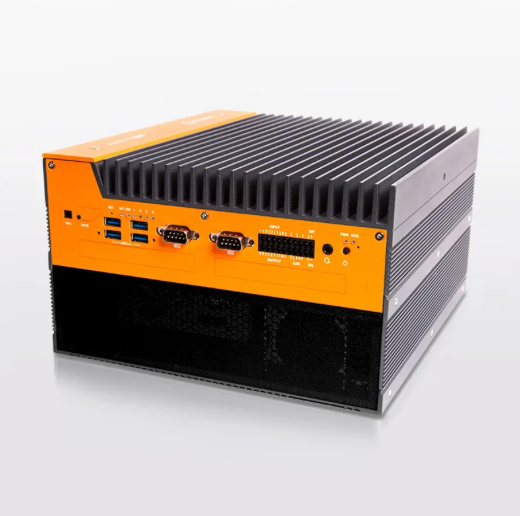 OnLogic Karbon 804 rugged edge computer with orange front I/O panel and expansion bay