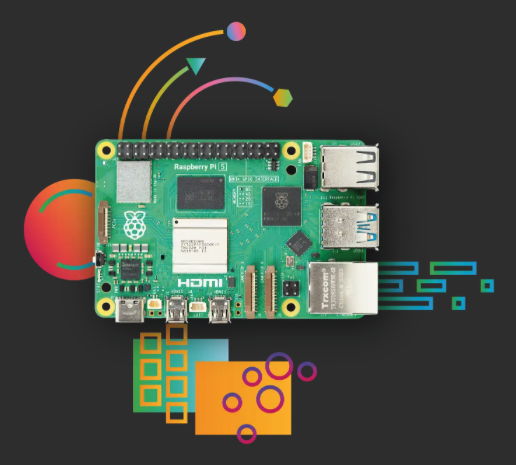 Raspberry Pi 5 single-board computer with official product artwork